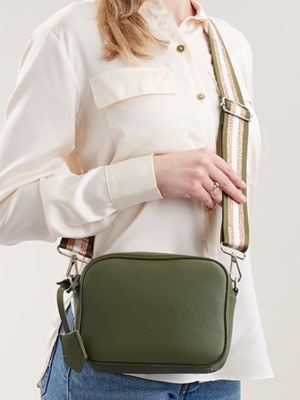 Olive Green Pebbled Crossbody Camera Bag with Striped Webbing Strap